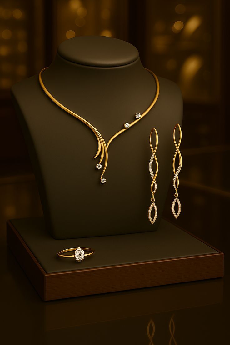 Parure en or et diamants présentée sur fond sombre